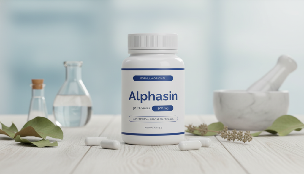 Imagem do frasco do Alphasin, suplemento natural voltado para saúde da próstata e bem-estar masculino