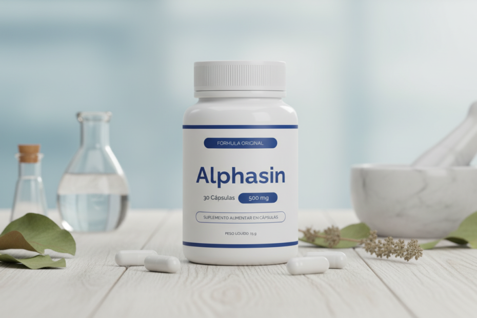 Imagem do frasco do Alphasin, suplemento natural voltado para saúde da próstata e bem-estar masculino