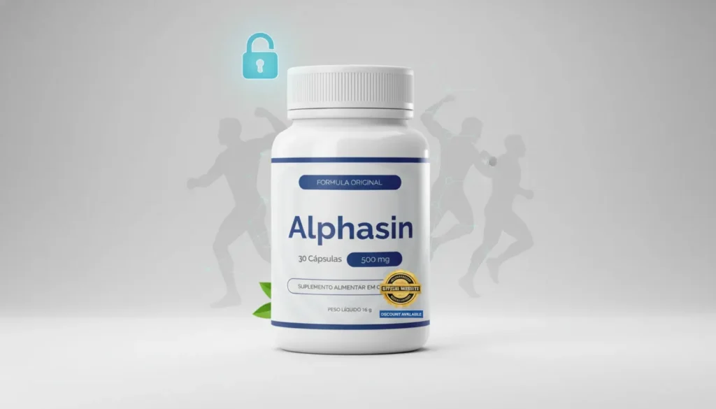 Imagem do suplemento Alphasin com selo de site oficial e desconto, indicando onde comprar com segurança e evitar falsificações.