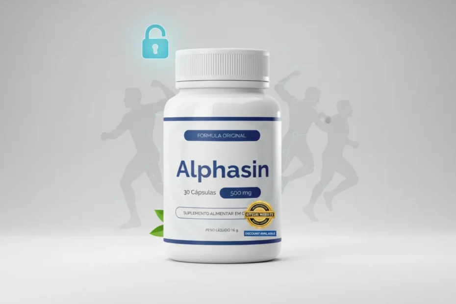 Imagem do suplemento Alphasin com selo de site oficial e desconto, indicando onde comprar com segurança e evitar falsificações.