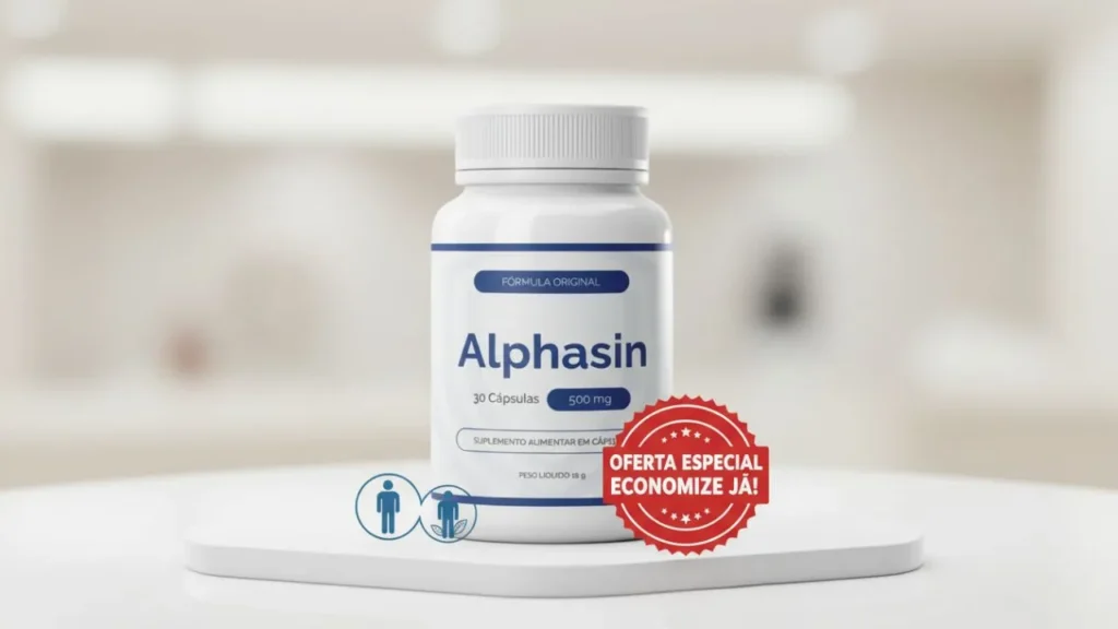 Imagem do suplemento Alphasin com destaque para preço atualizado, kits disponíveis e indicação de compra segura no site oficial