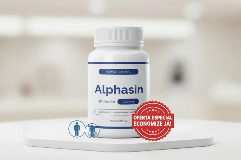 Imagem do suplemento Alphasin com destaque para preço atualizado, kits disponíveis e indicação de compra segura no site oficial