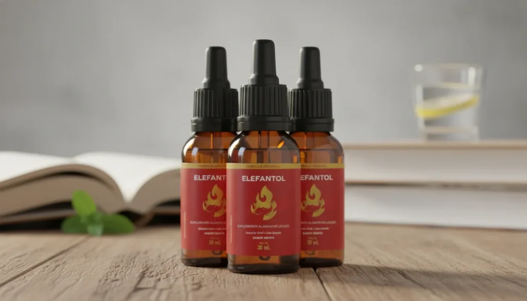 Frasco do Elefantol, suplemento natural masculino que potencializa desempenho sexual, ereção, libido e orgasmos, com fórmula aprovada pela Anvisa, seguro e direcionado para melhorar a performance masculina.