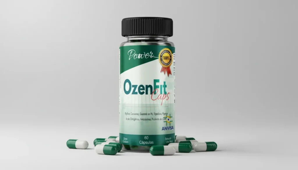 Frasco do suplemento OzenFit Caps com cápsulas, destacando rótulo e marca, usado como apoio ao emagrecimento e controle do apetite.