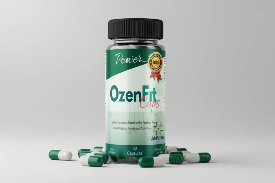 Frasco do suplemento OzenFit Caps com cápsulas, destacando rótulo e marca, usado como apoio ao emagrecimento e controle do apetite.