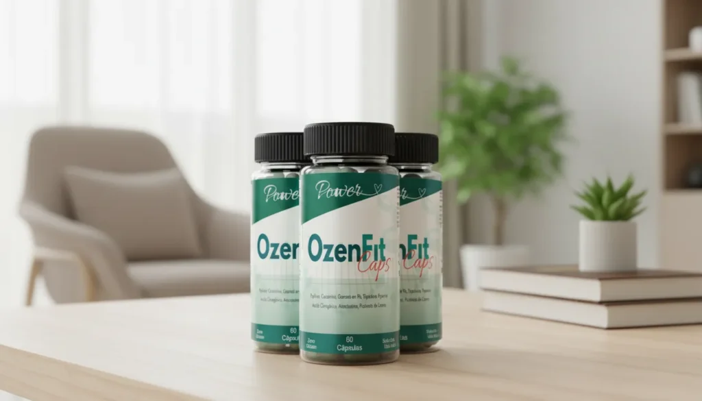 Frasco do OzenFit Caps, suplemento natural para emagrecimento e controle do apetite – descubra se OzenFit Caps funciona antes de comprar