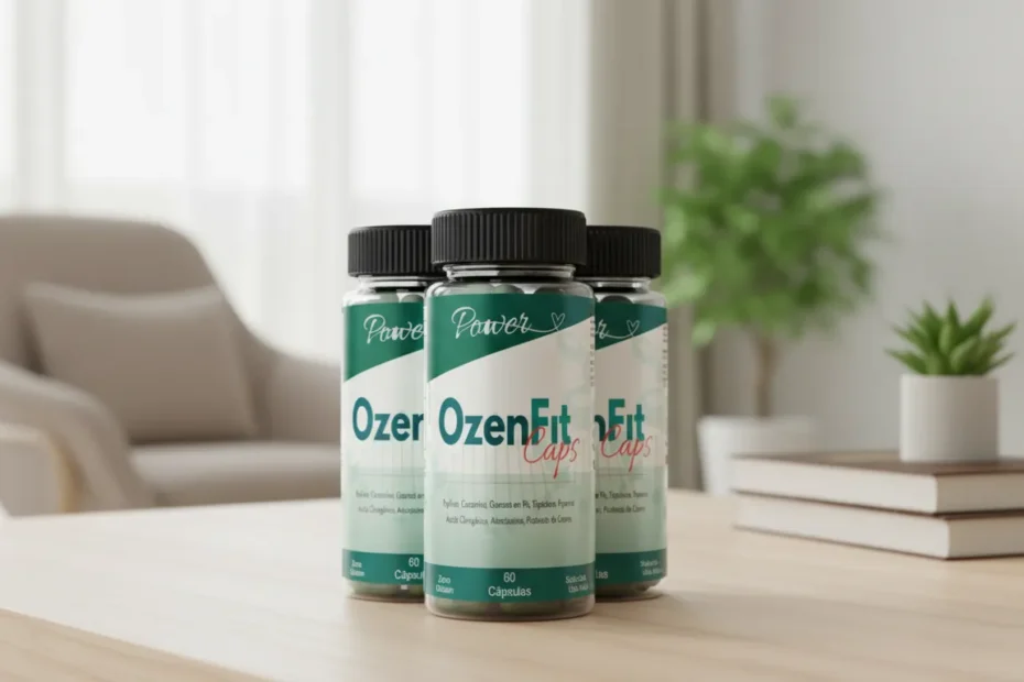 Frasco do OzenFit Caps, suplemento natural para emagrecimento e controle do apetite – descubra se OzenFit Caps funciona antes de comprar