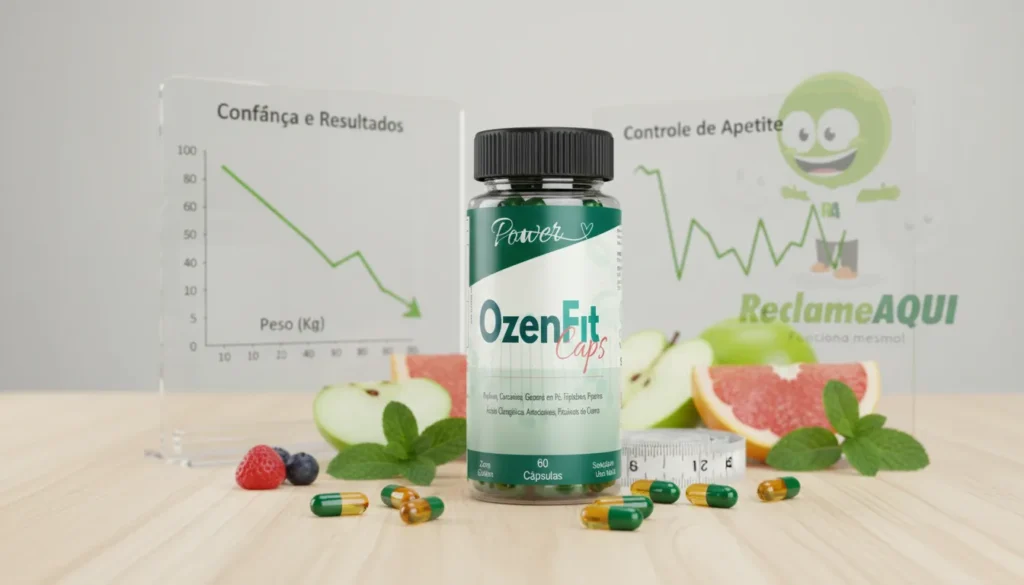rasco de OzenFit Caps com cápsulas, representando suplemento natural para emagrecimento, controle do apetite e metabolismo saudável – avaliação confiável pelo Reclame Aqui.