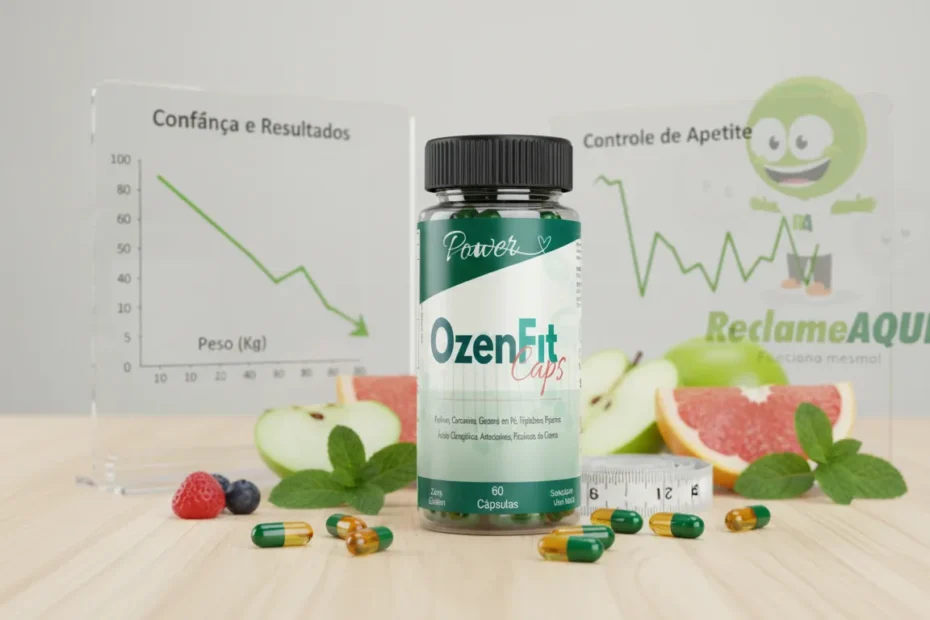 rasco de OzenFit Caps com cápsulas, representando suplemento natural para emagrecimento, controle do apetite e metabolismo saudável – avaliação confiável pelo Reclame Aqui.