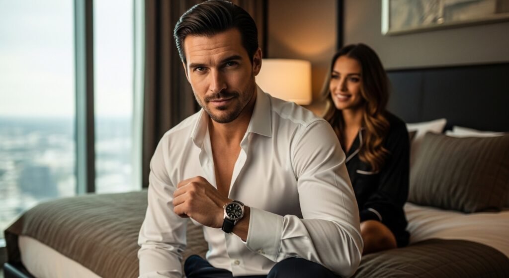 Homem confiante sentado na cama com expressão de satisfação enquanto mulher sorrindo aparece desfocada ao fundo em ambiente íntimo elegante