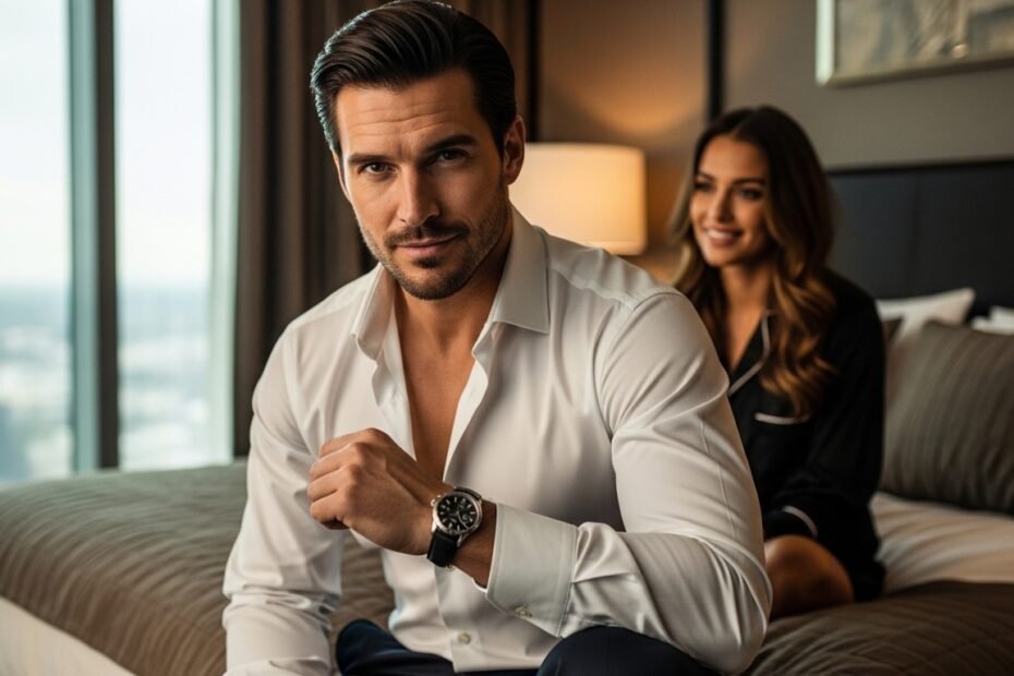 Homem confiante sentado na cama com expressão de satisfação enquanto mulher sorrindo aparece desfocada ao fundo em ambiente íntimo elegante