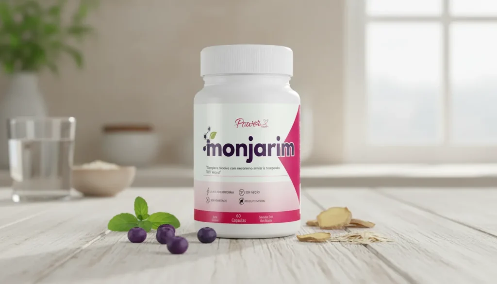 Imagem do suplemento Monjarim em cápsulas, frasco com rótulo visível, utilizado como apoio ao emagrecimento e controle do apetite.
