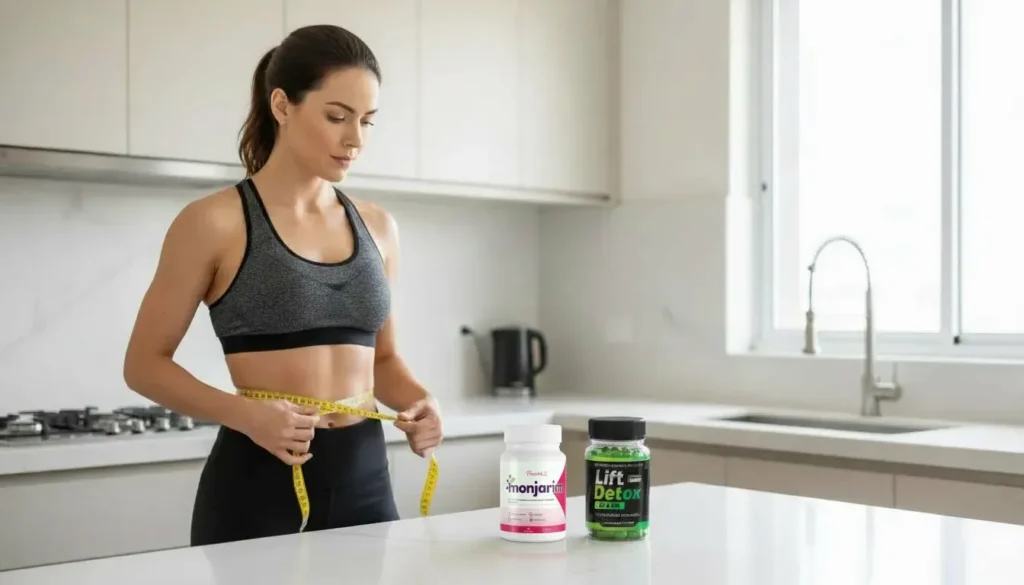 Mulher comparando Monjarin e Lift Detox Black na cozinha, ilustrando escolha entre suplementos para emagrecimento, controle de apetite e queima de gordura.