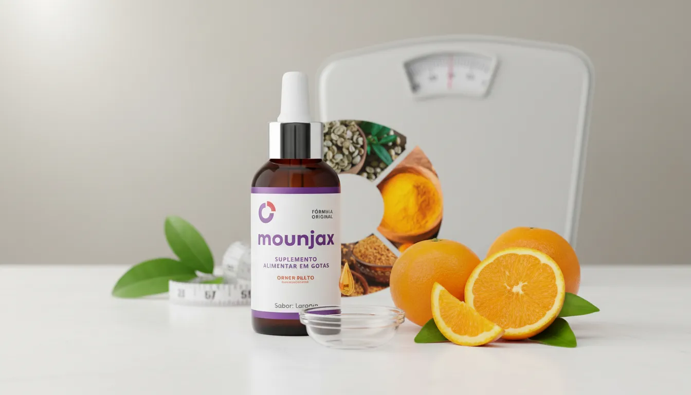 Frasco do suplemento Mounjax em gotas para emagrecimento natural, com foco em controle de apetite e saúde metabólica.