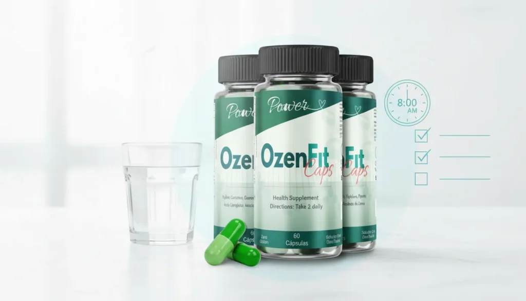 Como tomar OzenFit Caps corretamente com cápsulas e água, destacando uso antes das refeições e rotina diária