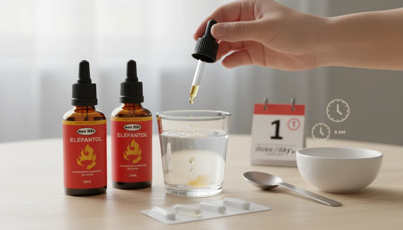 Como usar o Elefantol corretamente: frasco do suplemento masculino com aplicação de gotas sublingual e indicação de uso diário para suporte à performance sexual.
