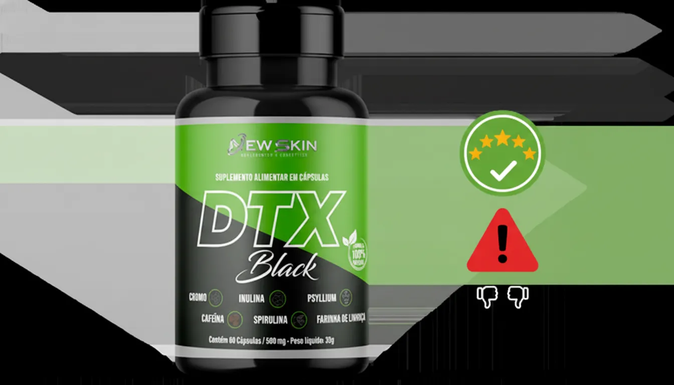 Frasco do suplemento DTX Black em destaque com ícones de avaliação e alerta ao lado, representando análise de reputação e reclamações antes da compra.