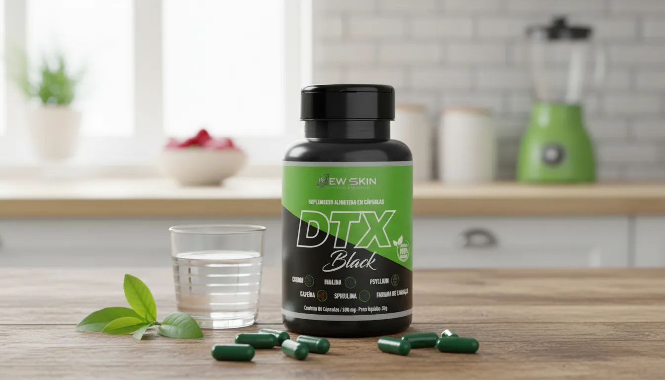 Frasco do suplemento DTX Black com cápsulas, indicado para auxiliar no controle de peso e saúde intestinal