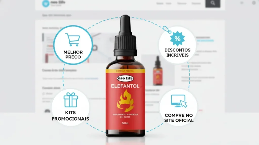 Frasco do Elefantol em destaque com ícones de preço, descontos e kits promocionais disponíveis no site oficial