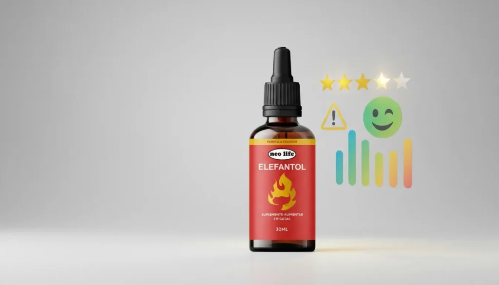 Frasco de suplemento masculino em destaque com ícones de avaliação e alerta ao lado, representando análise de reputação e reclamações sobre Elefantol antes da compra.