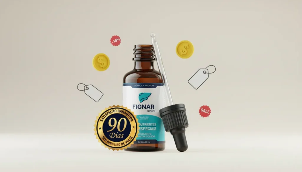 Frasco do Fignar em destaque com ícones de preço, cifrão e descontos, representando os kits e promoções disponíveis no site oficial