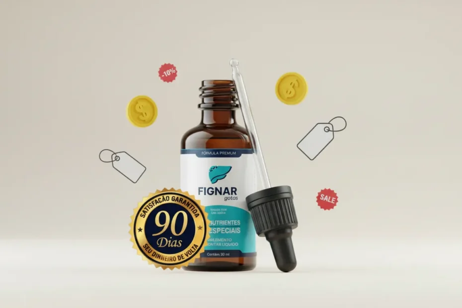 Frasco do Fignar em destaque com ícones de preço, cifrão e descontos, representando os kits e promoções disponíveis no site oficial