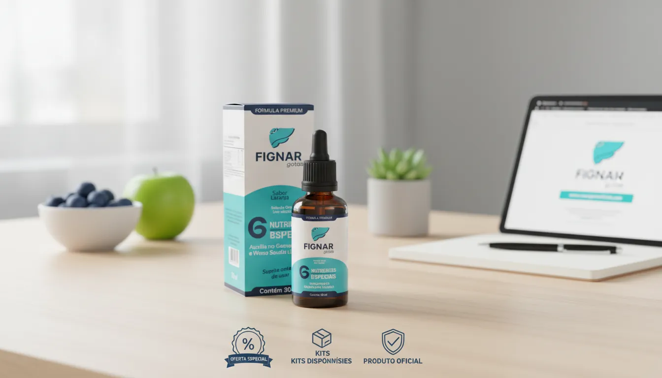 Frasco do suplemento Fignar Gotas com destaque para preços, kits promocionais e oferta oficial de 2026 para apoio ao emagrecimento e saúde metabólica.