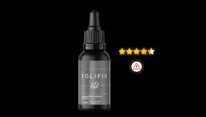 Frasco de suplemento capilar em destaque com ícones de avaliação e alerta ao lado, representando análise de reputação e reclamações sobre o Folifix antes da compra.