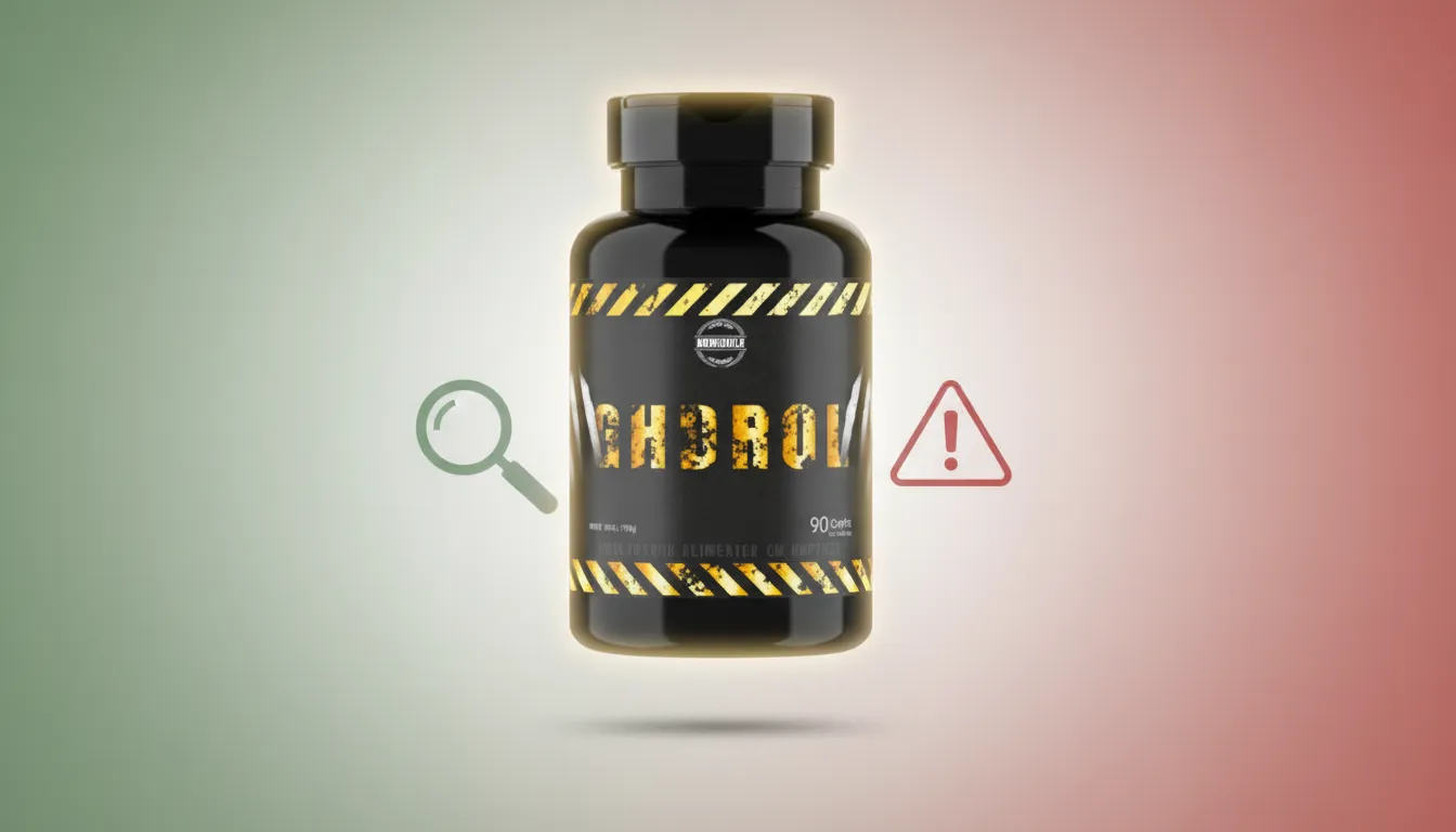 suplemento GHDrol em destaque com elementos visuais de análise e alerta, representando avaliação de eficácia e possíveis riscos do produto