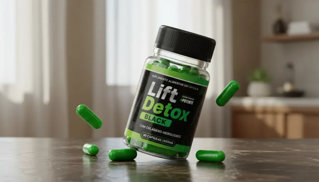 Frasco do suplemento Lift Detox Black, cápsulas para emagrecimento com foco no controle de apetite, metabolismo e suporte à redução de gordura corporal