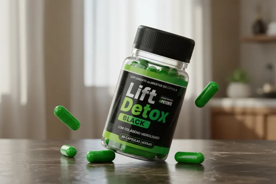 Frasco do suplemento Lift Detox Black, cápsulas para emagrecimento com foco no controle de apetite, metabolismo e suporte à redução de gordura corporal