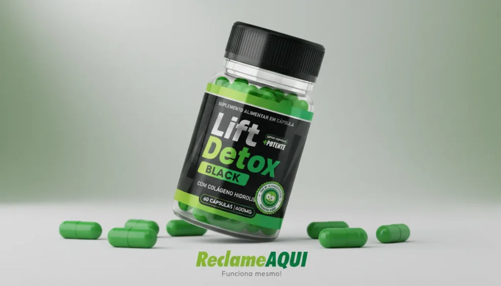 Cápsulas do Lift Detox Black com selo de autenticidade sobre fundo clean, simbolizando confiabilidade, avaliações reais e suporte ao emagrecimento.