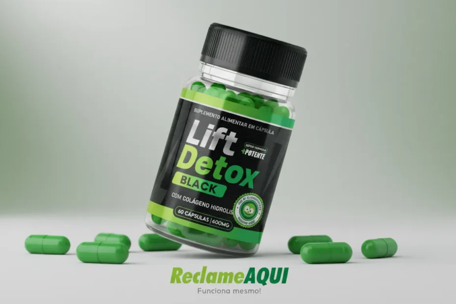Cápsulas do Lift Detox Black com selo de autenticidade sobre fundo clean, simbolizando confiabilidade, avaliações reais e suporte ao emagrecimento.