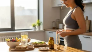 Mulher medindo a cintura com fita métrica na cozinha, representando emagrecimento saudável, controle de medidas, rotina fitness e foco em metabolismo e bem-estar.