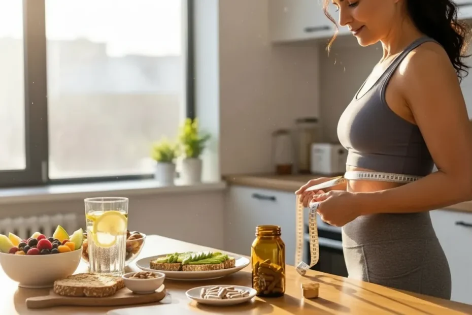 Mulher medindo a cintura com fita métrica na cozinha, representando emagrecimento saudável, controle de medidas, rotina fitness e foco em metabolismo e bem-estar.