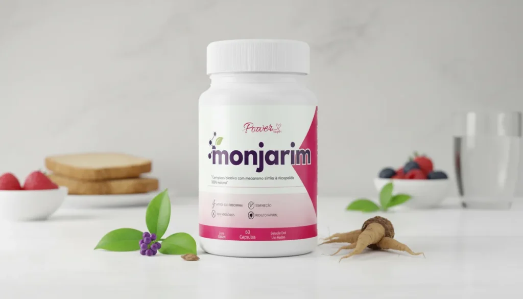"Frasco do Monjarim, suplemento natural para emagrecimento e controle de apetite, com cápsulas visíveis e rótulo destacando apoio ao metabolismo e saciedade