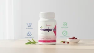 Frasco do suplemento Monjarim com destaque para preços, kits promocionais e oferta oficial de 2026 para controle de apetite e emagrecimento natural.