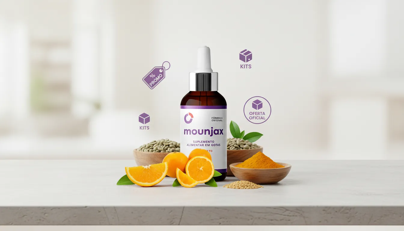 Frasco do suplemento Mounjax com destaque para preços, kits promocionais e oferta oficial de 2026 para controle de apetite e emagrecimento natural.
