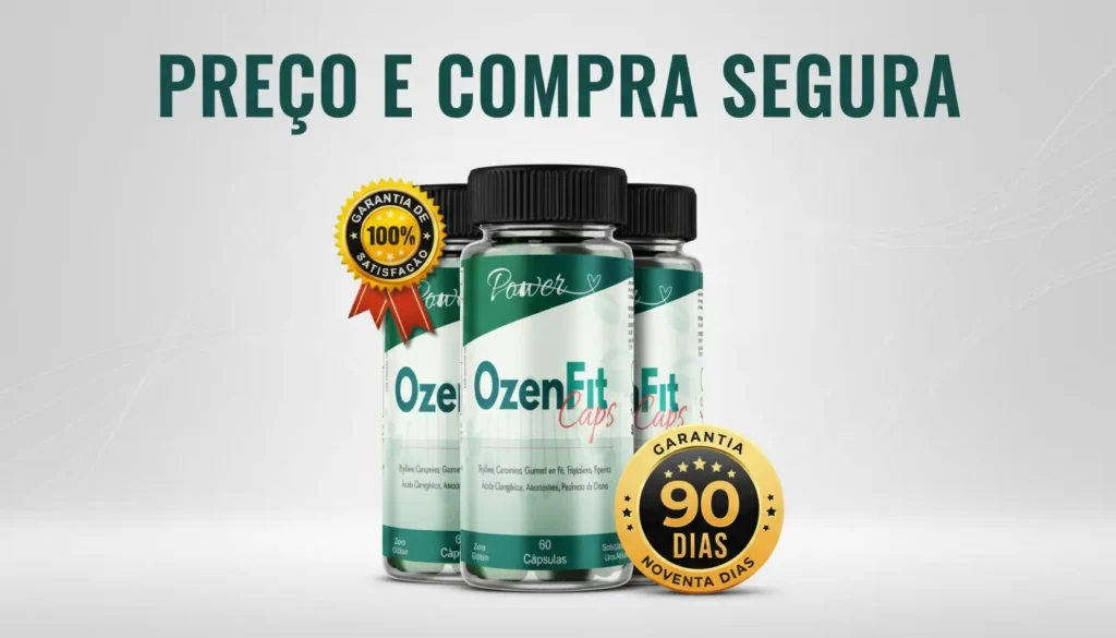 Frascos do OzenFit Caps com cápsulas e selo de autenticidade sobre fundo clean, representando preço atualizado, kits disponíveis e compra segura no site oficial.