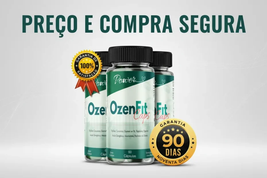 Frascos do OzenFit Caps com cápsulas e selo de autenticidade sobre fundo clean, representando preço atualizado, kits disponíveis e compra segura no site oficial.