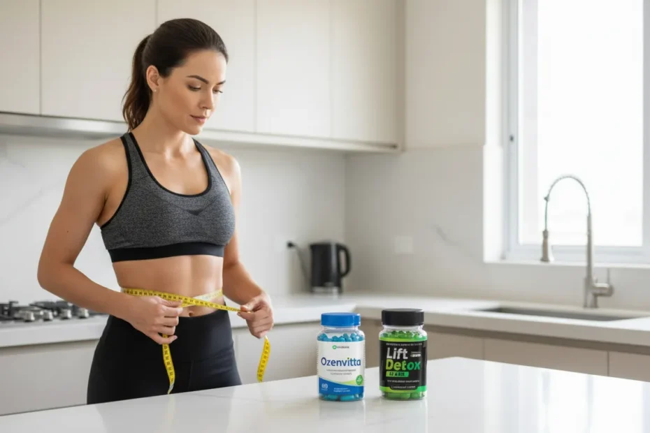 Mulher comparando Ozenvitta e Lift Detox Black na cozinha, ilustrando escolha entre suplementos para emagrecimento, controle de apetite e queima de gordura.