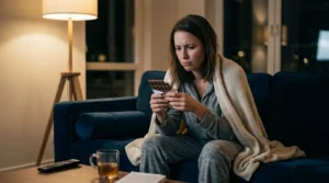Mulher com vontade de comer doce à noite mostrando sinais de fome emocional e dificuldade para controlar o apetite.