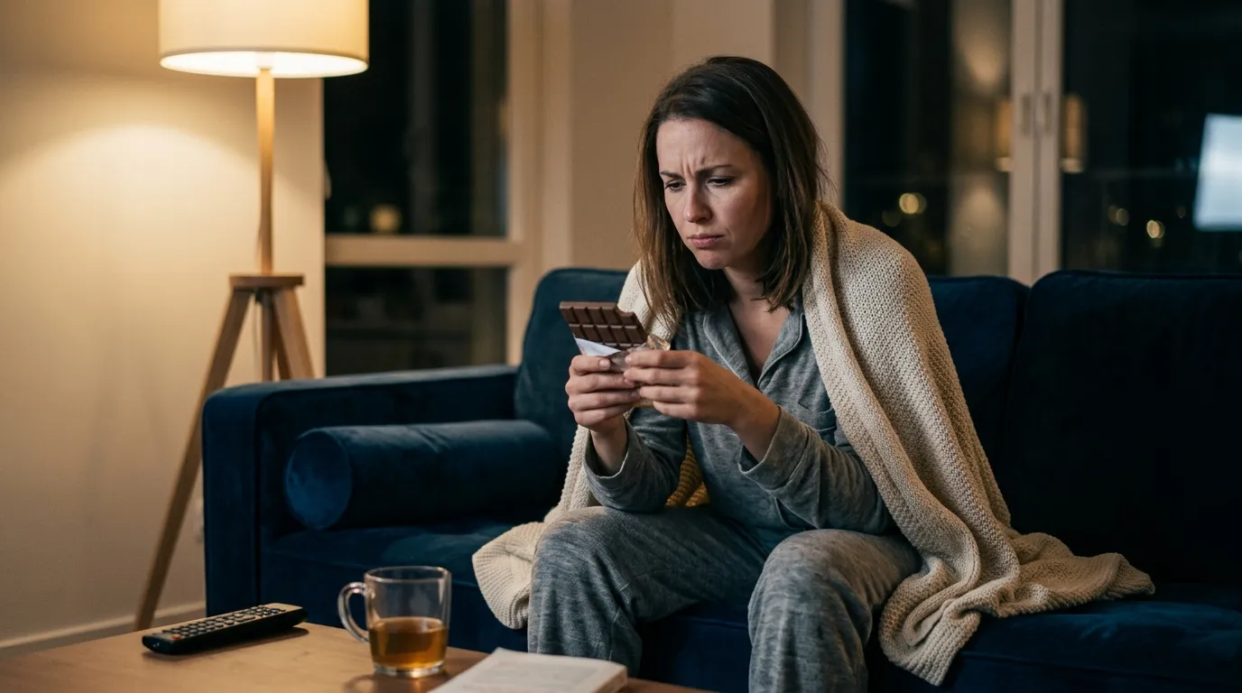 Mulher com vontade de comer doce à noite mostrando sinais de fome emocional e dificuldade para controlar o apetite.