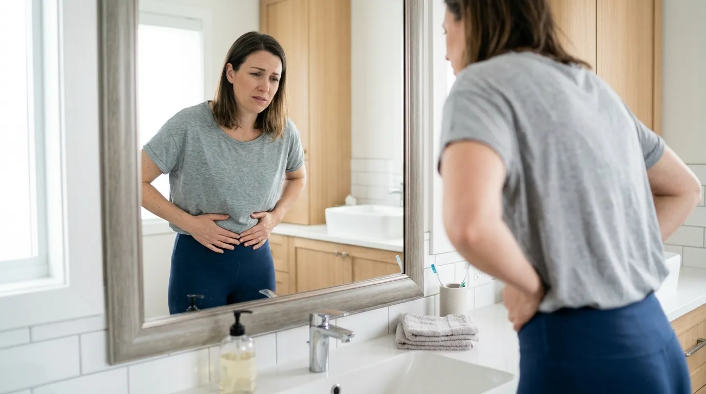 Mulher com barriga inchada e desconforto intestinal relacionado a intestino preso e dificuldade para emagrecer.