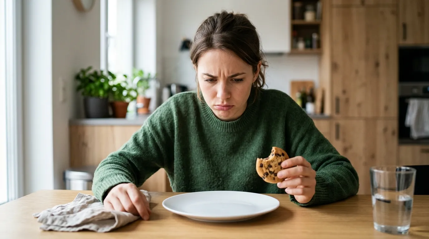 Mulher com fome mesmo depois de comer mostrando sinais de compulsão alimentar e dificuldade de saciedade.
