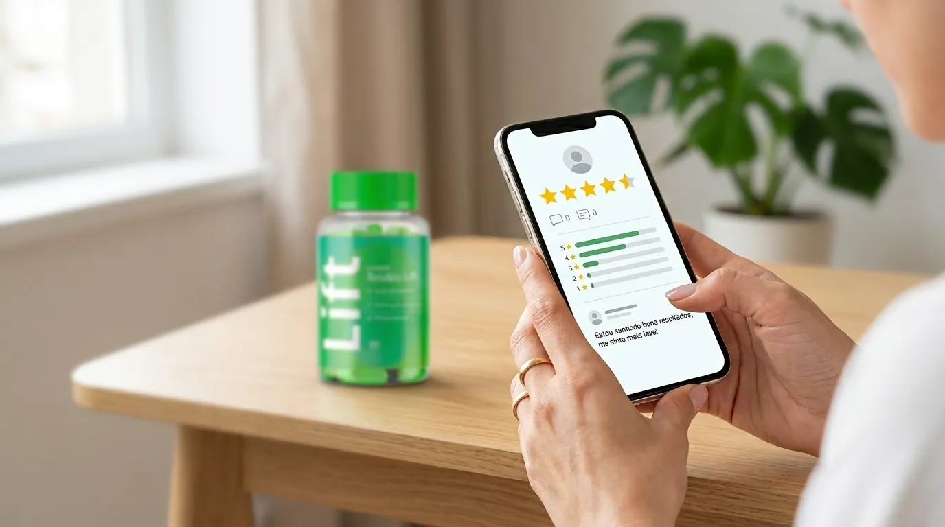 Pessoa segurando smartphone com tela de avaliações e estrelas, representando pesquisa de reclamações do Lift Sculpy antes de comprar