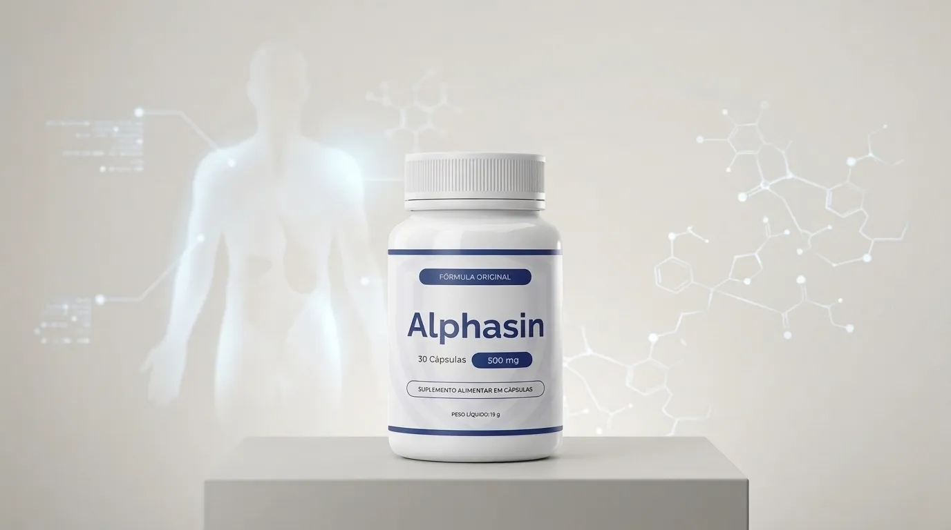 Frasco de Alphasin com elementos visuais discretos sobre saúde masculina, para que serve o produto