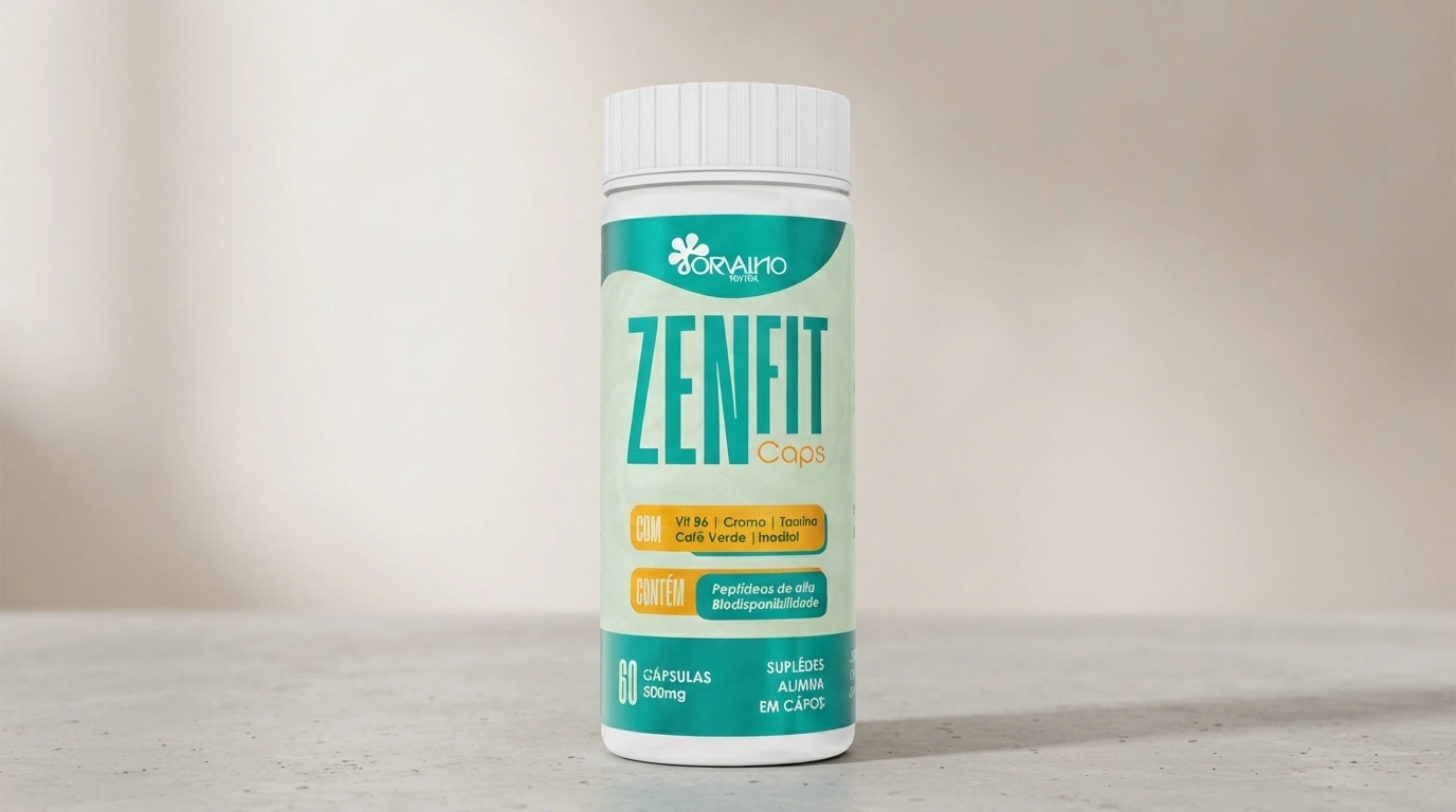 Frasco de Zenfit Caps sobre superfície neutra, análise completa